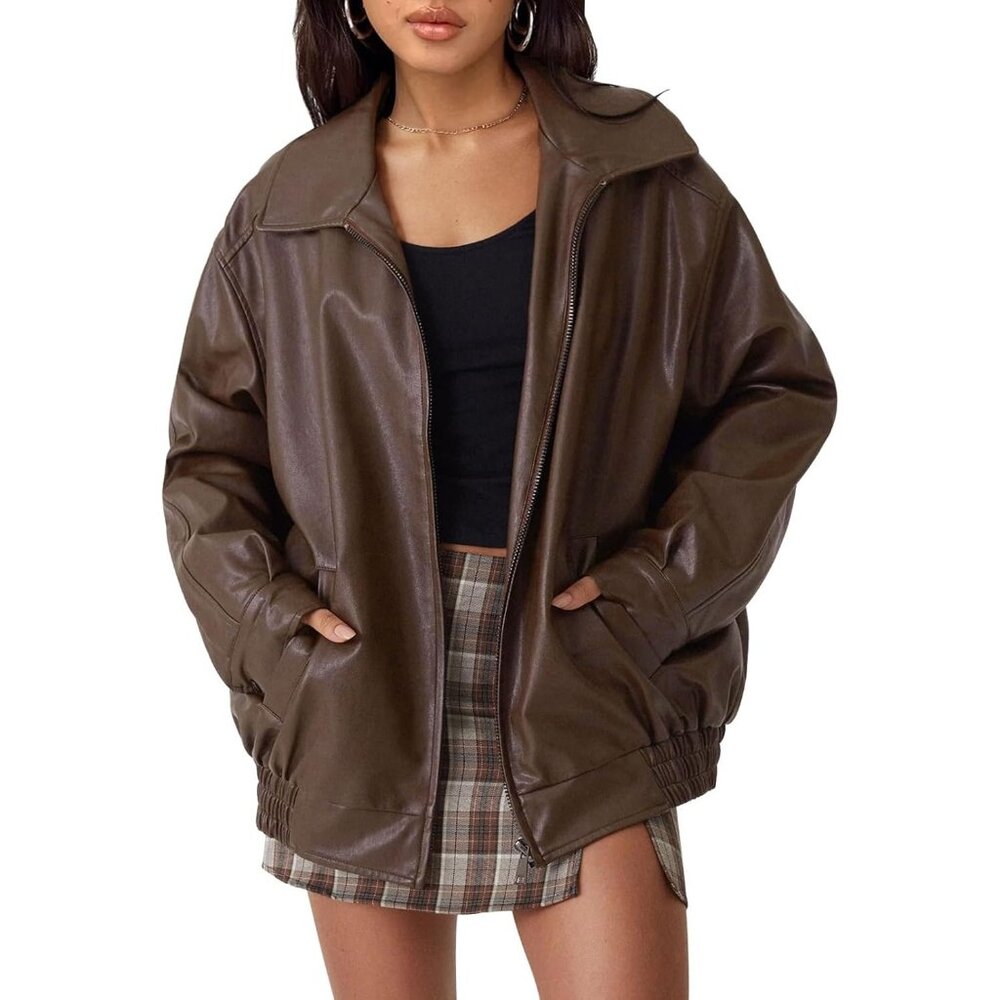 Women's Brown Faux Leather Fall Motorcycle Coat with Zipper Oversized Jacket